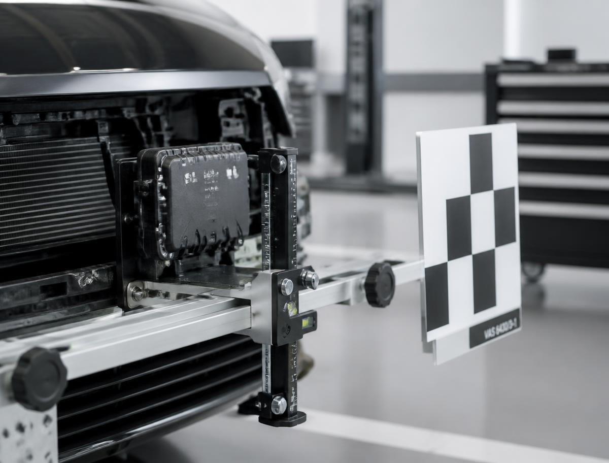 ADAS radar sensor and calibration target set up in front of a vehicle in the repair bay