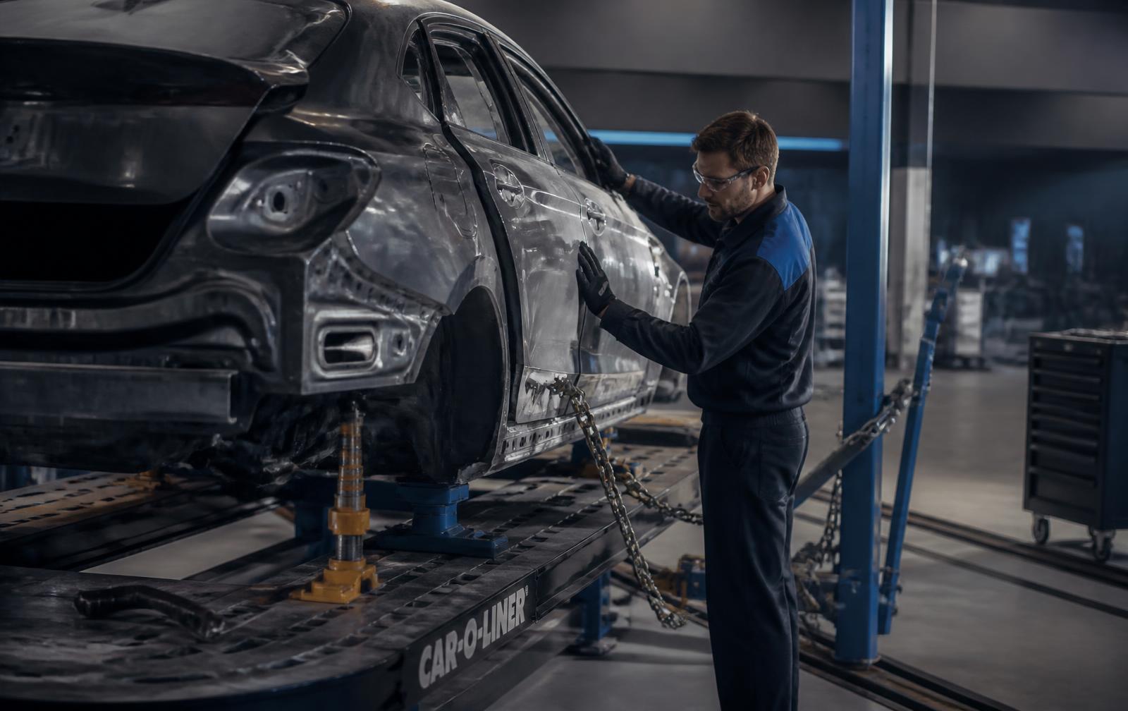 Technician inspecting a stripped vehicle body on a frame measuring rack at Liberty Collision Center